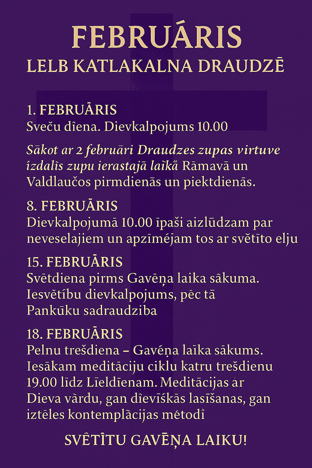 A Latvian church calendar for February detailing services, Lenten events, and meditation cycles.